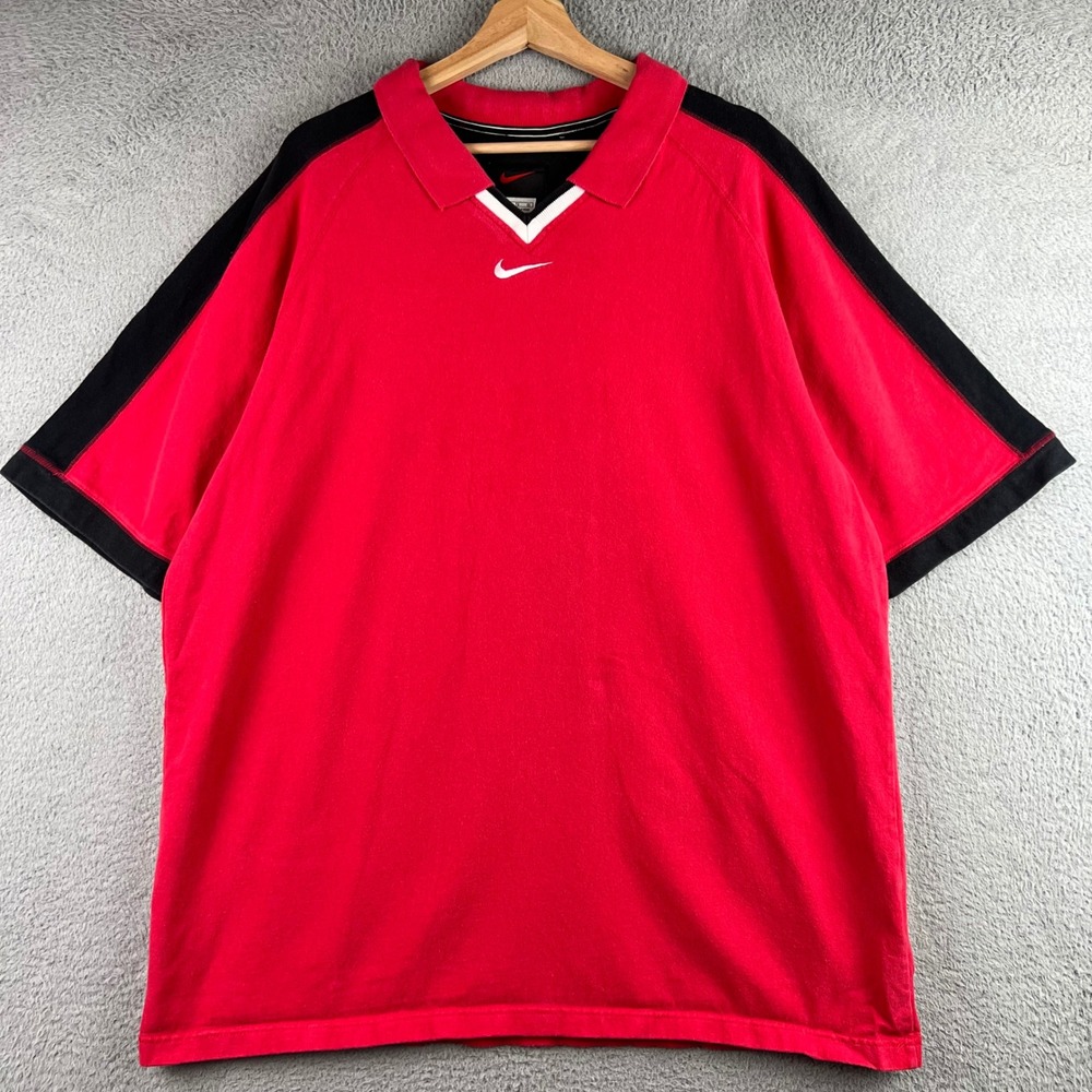 Nike Vintage Mens XL Red Black V-Neck Polo Shirt Short Sleeve Cotton Swoosh Logo